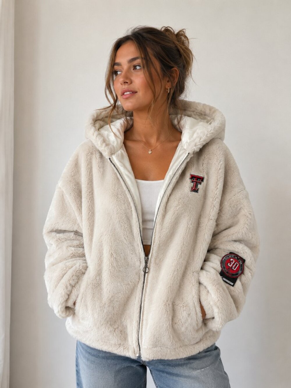 Texas Tech Red Raiders Ivory Faux Fur Hooded Jacket NWT XL Cozy Luxe Teddy Coat